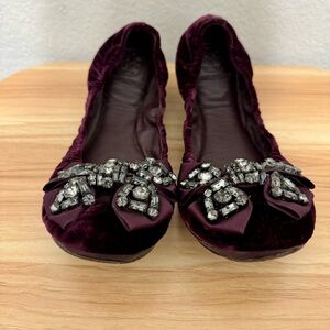 Tory Burch Burgundy Flats with Embellished Bow